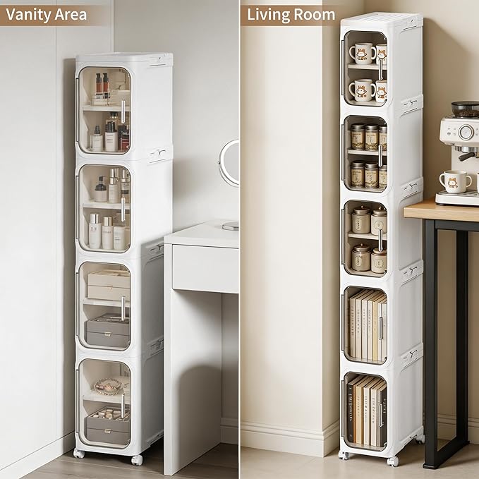 LXLXXL 4-Tier Narrow Storage Cabinet Slim Bathroom Storage Cabinet with Movable Wheels Tall Bathroom Organizer Skinny Cabinet for Small Spaces，White