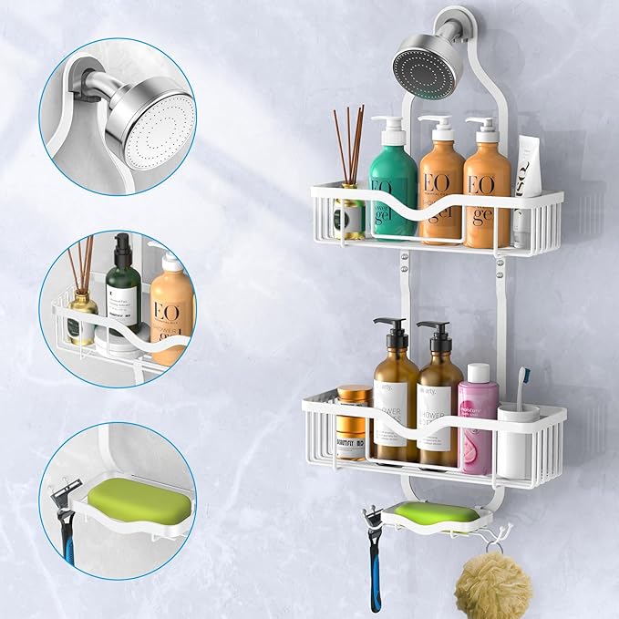 Shower Caddy Hanging, Bathroom Shower Rack, Bathroom Organizer with Soap Dish, Over The Showerhead Caddy with Hooks for Razor/Sponge, Soft White (Assembly Required)