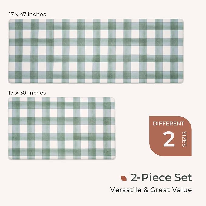 FRESHMINT Modern Farmhouse Plaid 2 Piece Set Kitchen Mats for Floor Anti Fatigue Waterproof & Non-Skid Kitchen Rugs Cushioned Kitchen Mat for Standing Washable Comfort Desk Kitchen Runners
