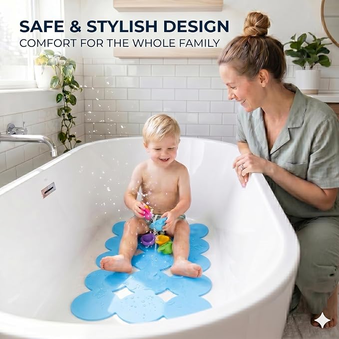 Patented Webos Non Slip Bathtub Mat Shower Mat Bath Mat Tub Mats with Strong Suction Cups Soft Natural Rubber Bath Mat for Inside The tub (Circle-Blue, 28x16 inch)