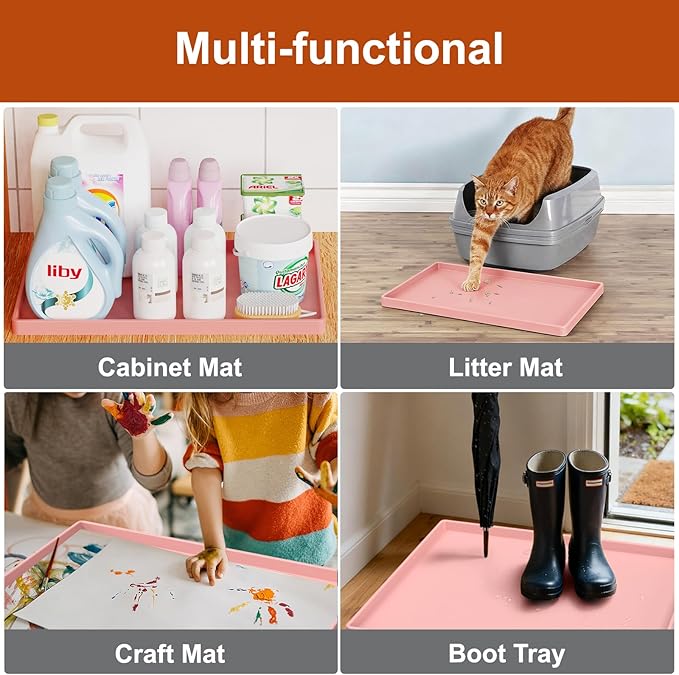 ukeetap Extra Thick Silicone Mat Waterproof with Raised Edge 19” x 12”, BPA Free Non-Slip Dog & Cat Food Mat, Feeding Mat for Food and Water Bowls, Spill Proof Mat to Protect Floors, Pink