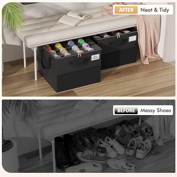 NestOrganix 2 Pack Shoe Organizer for Closet, Large Shoe Box Storage Containers, Foldable Shoe Storage Organizer Box Bin with Adjustable Dividers and Clear Cover, Space Saving Shoes Holder, Black