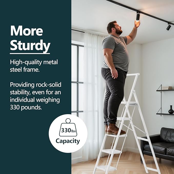 WOA WOA Step Ladder for Home, Foldable Step Stool for Kitchen with Non-Slip Pedals, Sturdy Ladders Supports up to 330 lbs, Compact and Portable - 5 Step with Handle/White