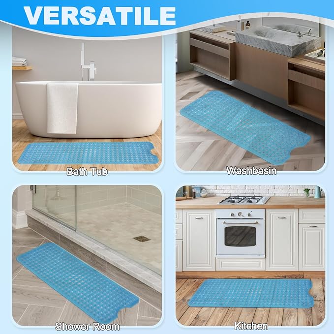 Bathtub and Shower Mats, 40x16 Inch Extra Large Non Slip Soft Bath Tub Mat with Suction Cups and Drain Holes for Bathroom Floor, Machine Washable, Clear Blue