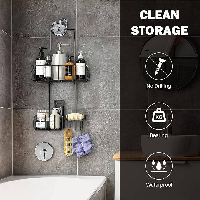 Epicano Shower Caddy Hanging Over Head, Matte Black,Stainless Steel | Rustproof,4 Hooks for Towels,Sponge and & Bathroom Accessories,Anti-Swing Suction Cups & Adhesive hooks