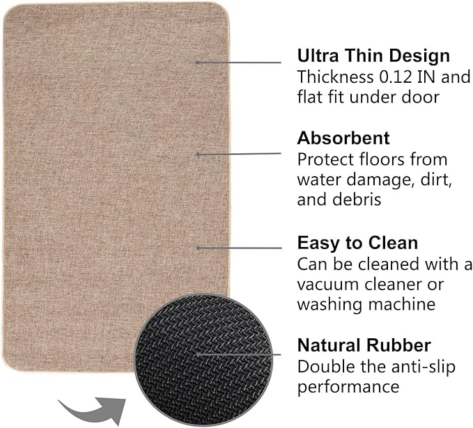 Indoor Door Mat, 1/10 in Ultra Thin Door Mat, Non-Slip Natural Rubber Backing Inside Doormat, Washable, Low-Profile Entrayway Mats, Durable Dirt Trapper for Various Entrance, 35''X24'', Khaki