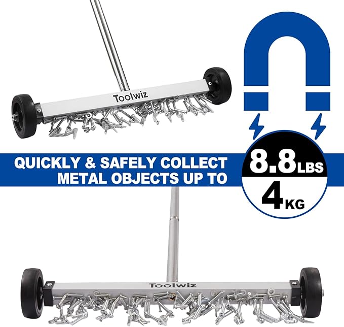 Toolwiz Magnetic Pick Up Sweeper 17-inch Heavy Duty Magnet Pickup Lawn Sweeper Roofing Tools, 8.8 Lbs Yard Tools with Smooth Wheels to Clean Nails for Construction
