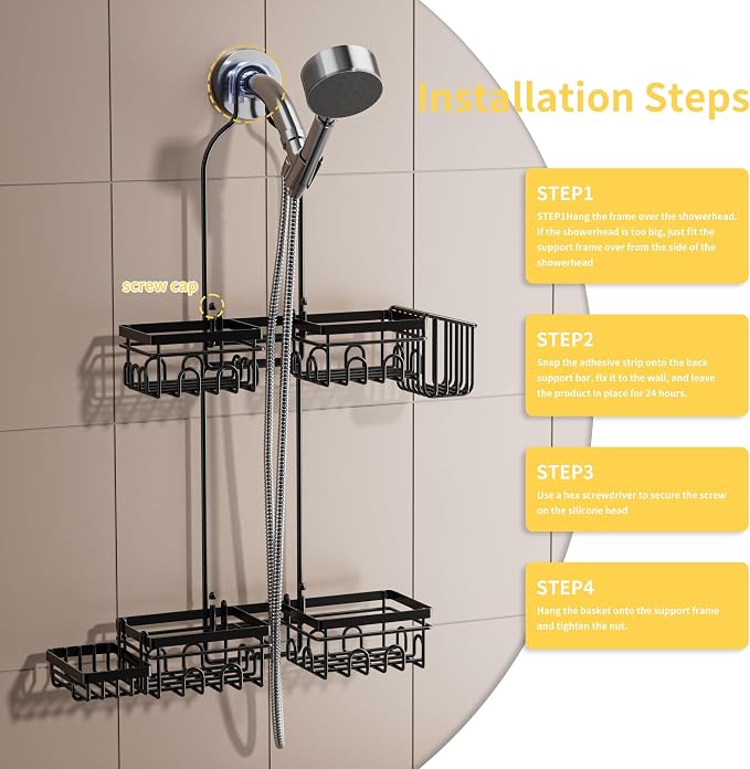 DAOYA Shower Caddy Hanging - Shower Caddy for Handheld Shower Heads with Soap holder, Toothbrush Holder & Suction Hook, Universal 0.82-inch Fit with Non-Slip Rubber Pad, Black