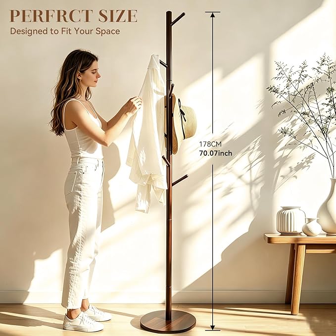 Wooden Coat Rack Freestanding, Corner Bag Purse Coat Hat Rack Tree Hanger Stand Holder Wood Modern Entryway Office Decor Furniture for Small Spaces Standing Heavy Duty Clothes Clothing Rack Hall Tree
