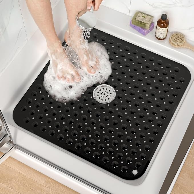 HITSLAM Shower Bathtub Mat Non Slip, 24"x 24" Bath Mat for Tub, Soft PVC Shower Mats for Inside Shower with Suction Cups and Center Drain Hole, Machine Washable Bathroom Floor Mat, Black