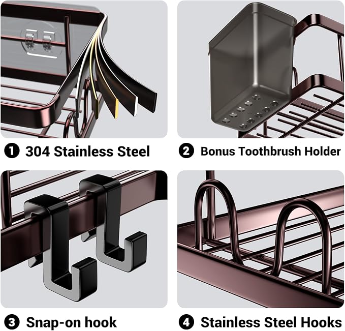 AKTECKE Shower Caddy Corner Organizer: 2Pack Adhesive Shower Shelf Essentials - No Drilling Stainless Steel Bathroom Storage Rack with Hooks and Toothpaste Holder - Shower Accessories