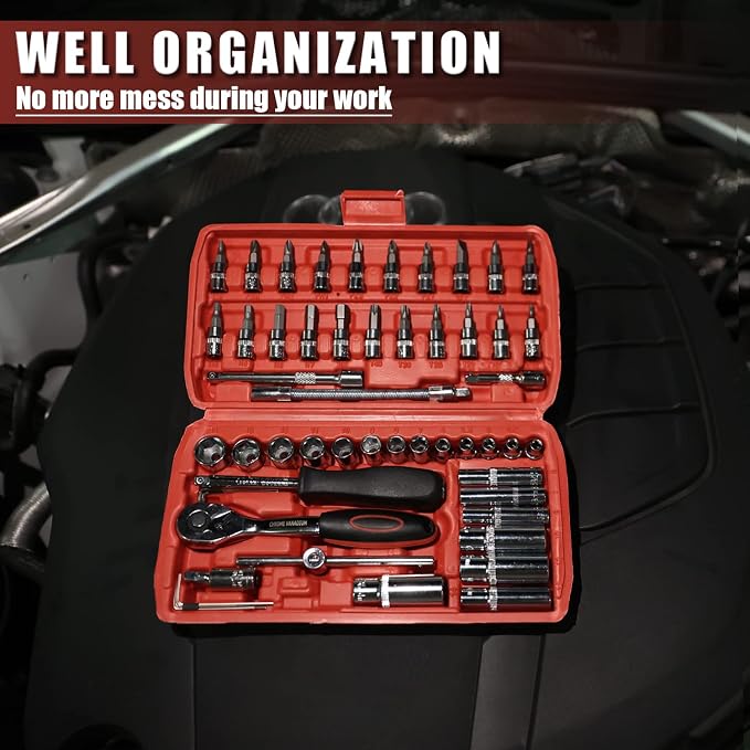 Egofine 53 Pieces 1/4 inch Drive Socket Ratchet Wrench Set with 72 Tooth Reversible Ratchet, with Bit Socket Set and Extension Bar for Auto Repairing and Household, with Storage Case