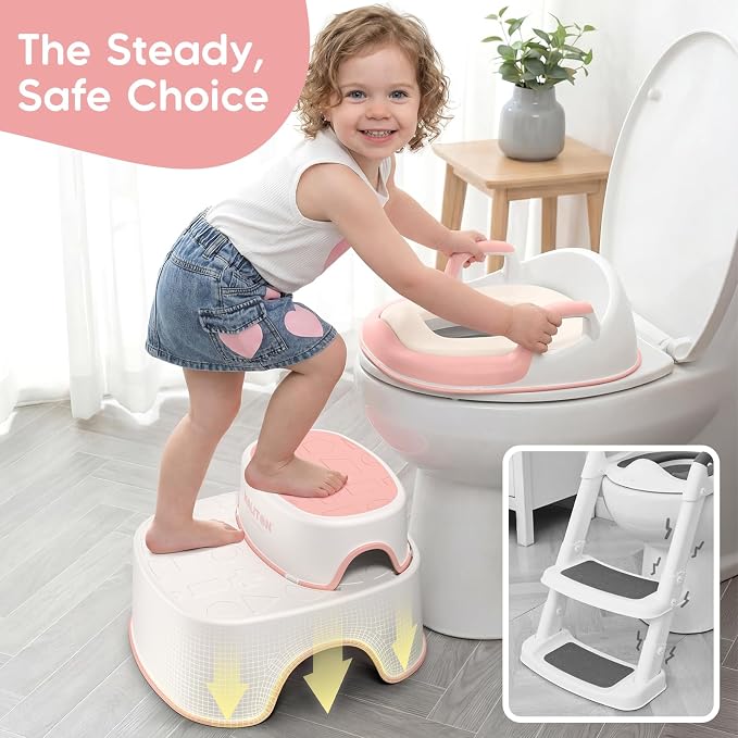 Potty Training Seat with Step Stools, Maliton Potty Training Toilet for Toddlers Girls with Splash Guard, Anti-Slip Toddler Stool for Bathroom, One Potty Seat and 2 in 1 Step Stool for Kids (Pink)