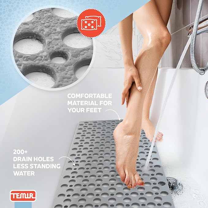 TEMIR Non Slip Bathtub Mat for Shower — Anti Skid Safety Mat with Strong Suction Cups, Quick Drain Holes, Machine Washable, Soft Bathroom Mat for Elderly & Kids, 30x17 in (75x43 cm) Gray