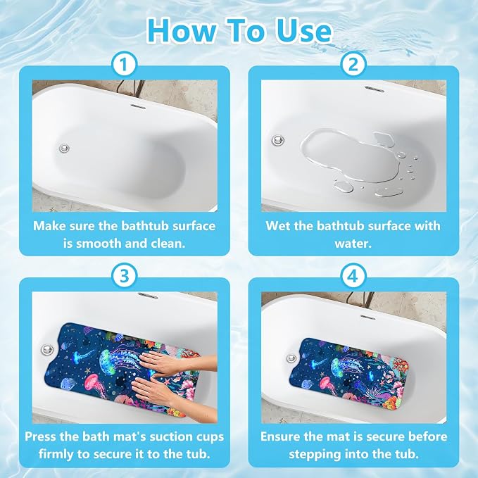 Baby Bath Mat for Tub Non Slip – 40"x16" Extra Long Cartoon Bathtub Mats for Kids Non Slip Shower Mat, Machine Washable, Sea Tub Mats with Suction Cups and Drain Holes for Toddler & Kids (Jellyfish)