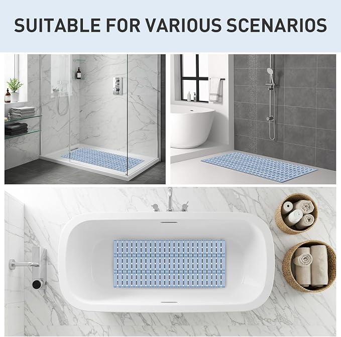 XIYUNTE Shower Mat Non Slip Bath Mat for Tub - 36 x 16 Inch Bathtub Mat Non Slip Shower Mats for Inside Shower, TPE Bath Mat with Suction Cups and Drain Holes, Easy to Cut, Blue