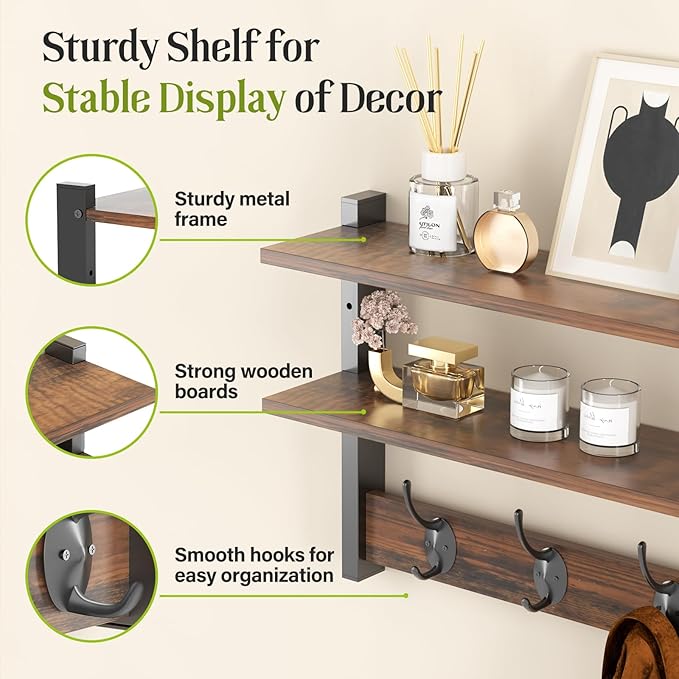 Two-Tier Wall Shelf with Hooks, 17" Coat Rack Wall Mount with Shelf, Key Hooks for Wall with Heavy Duty Double Hooks, Coat Hook Wall Mounted for Bedroom, Living Room, Rustic Brown