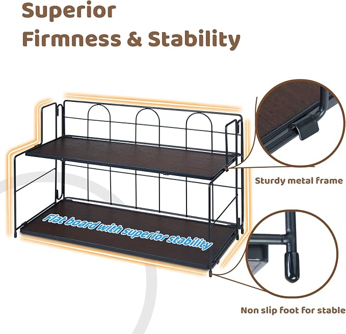 Edergoo Bathroom Counter Organizer 10s Tool-Free Install, 2 Tier Bathroom Organizers and Storage, Collapsible Bathroom Organizer Countertop, Wood Bathroom Kitchen Countertop Organizer, Black