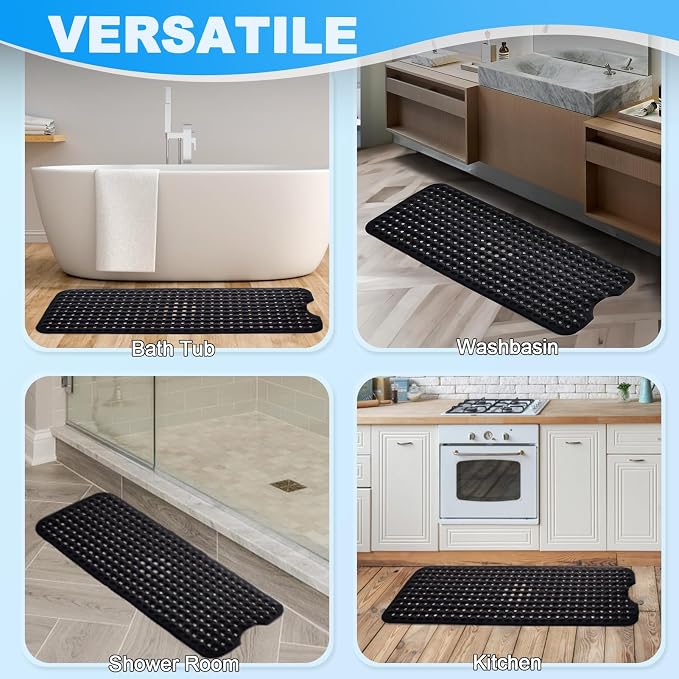 Bathtub and Shower Mats, 40x16 Inch Extra Large Non Slip Soft Bath Tub Mat with Suction Cups and Drain Holes for Bathroom Floor and Keep Tubs Clean, Machine Washable, Black