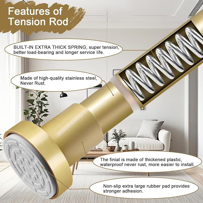 YNL Gold Shower Curtain Rod 32-64 Inch(2.7-5.33ft), Non-Slip, Never Rust, Stainless Steel No Drill Spring Tension Shower Rod, Adjustable Curtain Rod for Small Window Doorway Closet