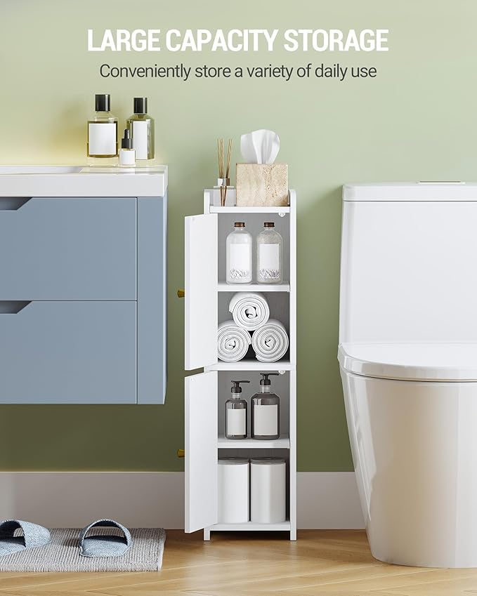 Hzuaneri Bathroom Storage Cabinet, Small Corner Floor Cabinet with 2 Doors and Adjustable Shelf, Narrow Toilet Paper Cabinets, Bathroom Organizer for Small Spaces, 7.9" D x 7.9" W x 29.5" H White