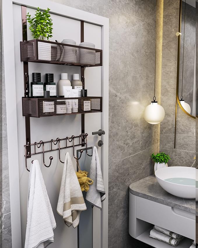 Consumest Over The Door Hooks Organizer - 3 Tier Door Hanger with 9 Coat Hooks & 2 Mesh Basket, Back Storage Organizer Hanging Towels for Bathroom, Bedroom, Bronze