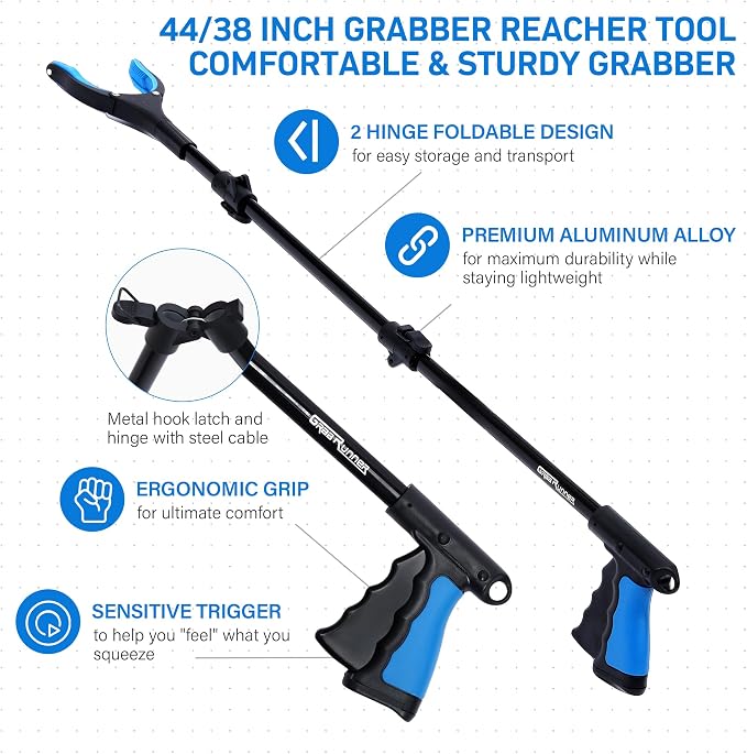 GrabRunner 38 Inch & 44 Inch Extra Long Grabber Reacher Tool Set – Extendable Reacher Grabber Pickup Tools for Seniors, Disabled and Hard-to-Reach Areas, Ergonomic Grip & Lightweight Design（Blue）