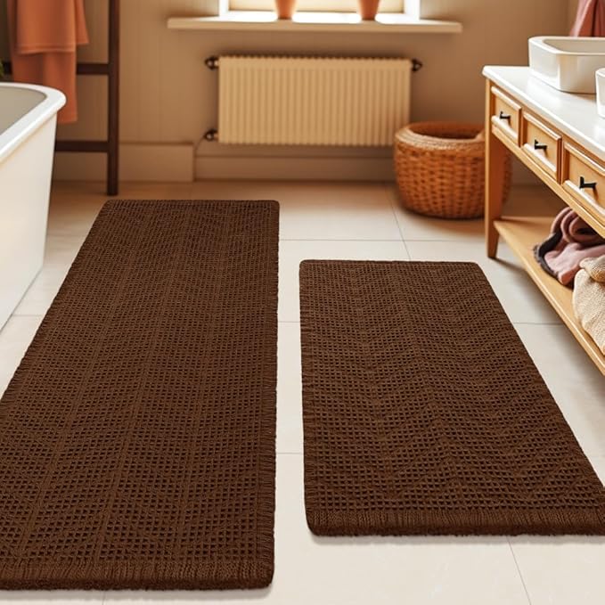 Waffle Bath Mat Set 2 Piece, Boho Woven Modern Bath Rug Absorbent Non Slip, Ultra Soft Bathroom Mats, Machine Washable Knit Bath Rugs with Herringbones for Bathroom, Bedroom, Kitchen, Shower, Brown