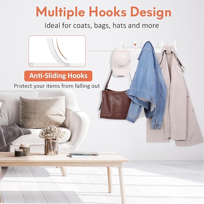 Optish Coat Rack Wall Mount, Coat Hook Wall Mount, Wall Hooks for Hanging, Hat Rack for Walls, Coats Hanger with 10 Hook, Towel Hooks for Bathrooms (2 Pack, White)