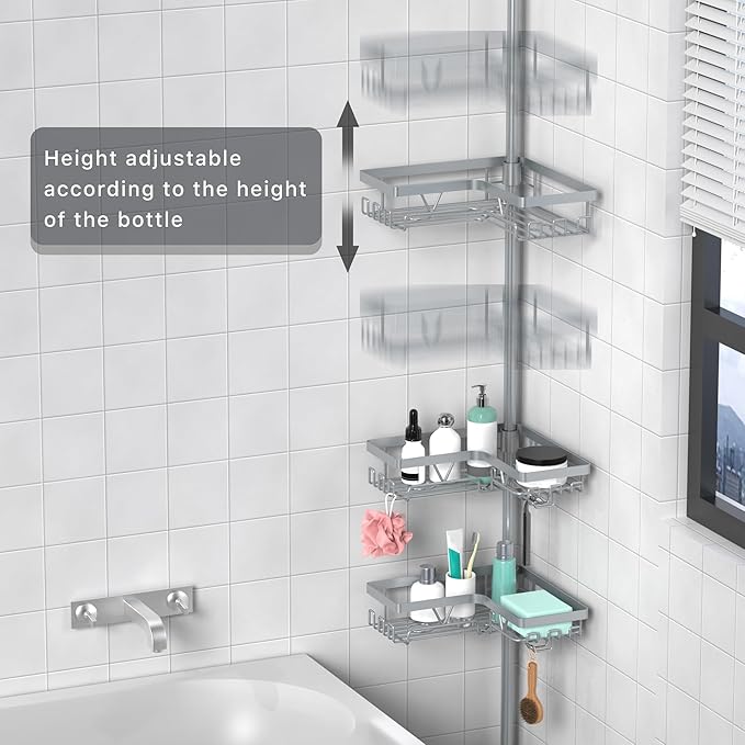 KEGII 4-Tier Corner Shower Caddy Tension Pole - Adjustable Shower Tension Rod Organizer, Floor to Ceiling Shower Caddy 25-114.2 inch, Shower Towel Rack Corner Waterproof, Light Gray