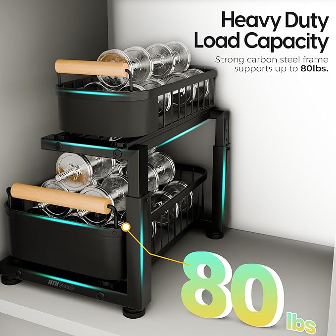 Premium Heavy Duty Carbon Steel Under Sink Organizer, Large 2 Tier Pull Out Cabinet Organizer, 7 Adjustable Heights with Smooth Ball Bearing Sliding Baskets for Bathroom & Kitchen
