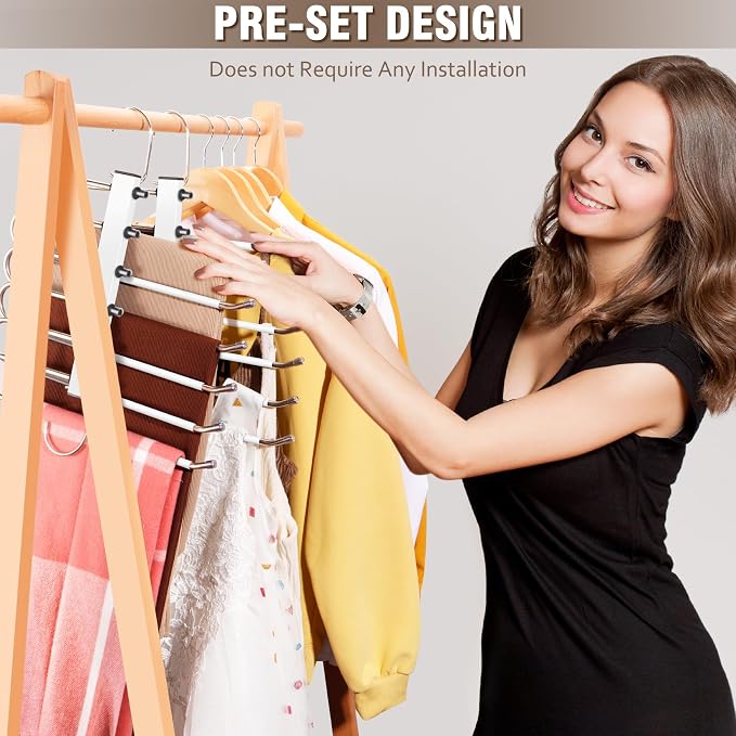 HUITEM 4 Pack 6-Tier Space Saving White Pant Hangers, Anti-Slip, Lightweight, Stainless Steel, Ideal for Closet Organization, Free Installation