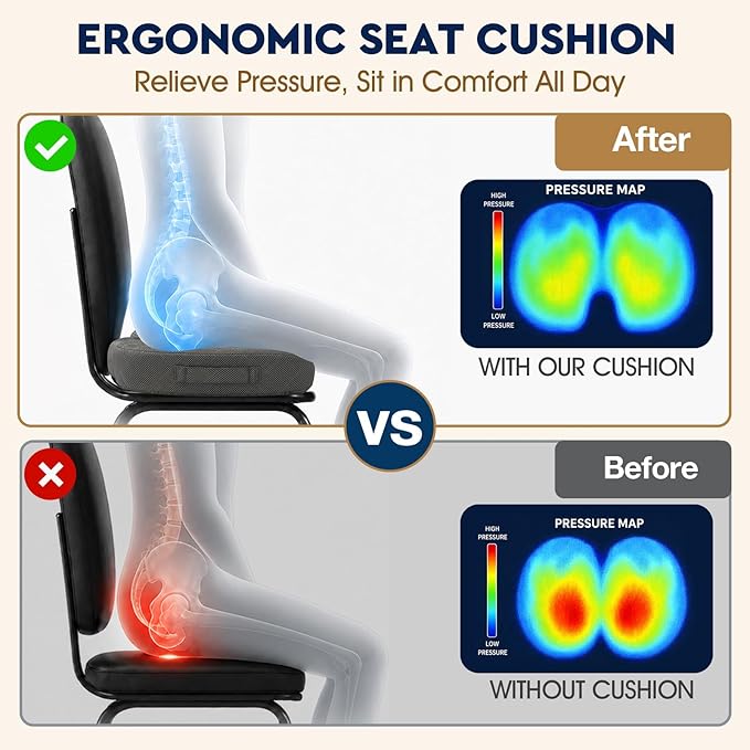 TushGuard Seat Cushion - Memory Foam Sitting Pillow for Office Chair, Car Seat, Airplane, Bleacher - Sciatica & Hip & Coccyx Pain Relief Desk Chair Cushion for Long Sitting Office Workers, Car Drivers