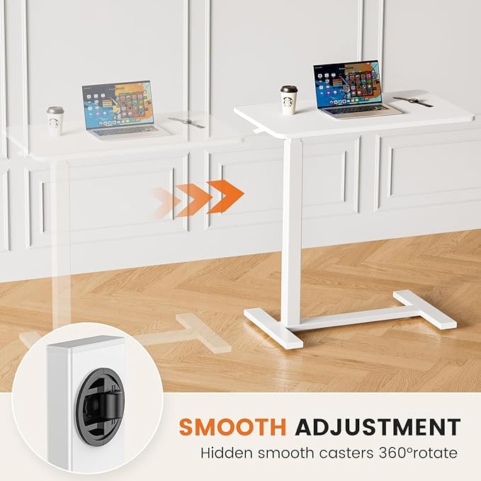 Sweetcrispy Overbed Bedside Table with Wheels, Adjustable Hospital & Home Use Bed Table, Rolling Laptop Table, Mobile Standing Desk, White