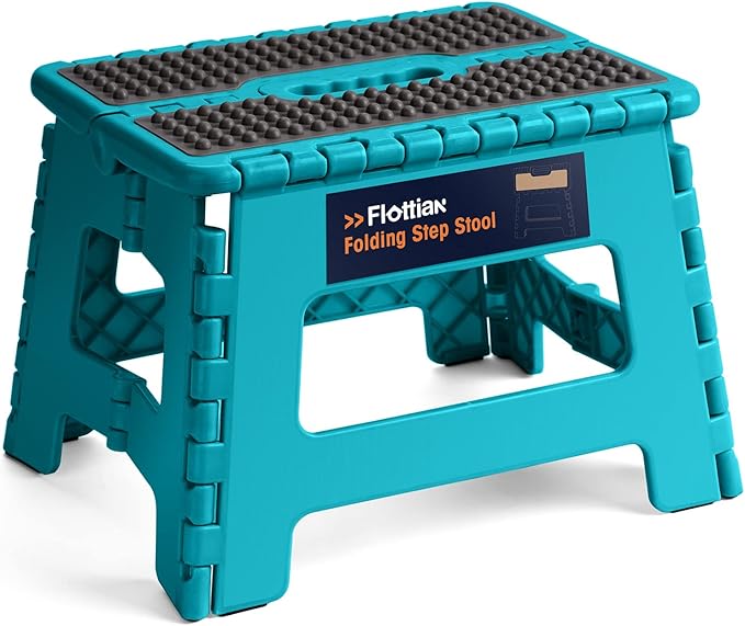 Flottian 9" Folding Step Stool for Adults and Kids Holds Up to 300 lbs,Non-Slip Folding Stools with Portable Handle, Compact Plastic Foldable Step Stool for Bathroom,Bedroom, Kitchen Ocean Blue