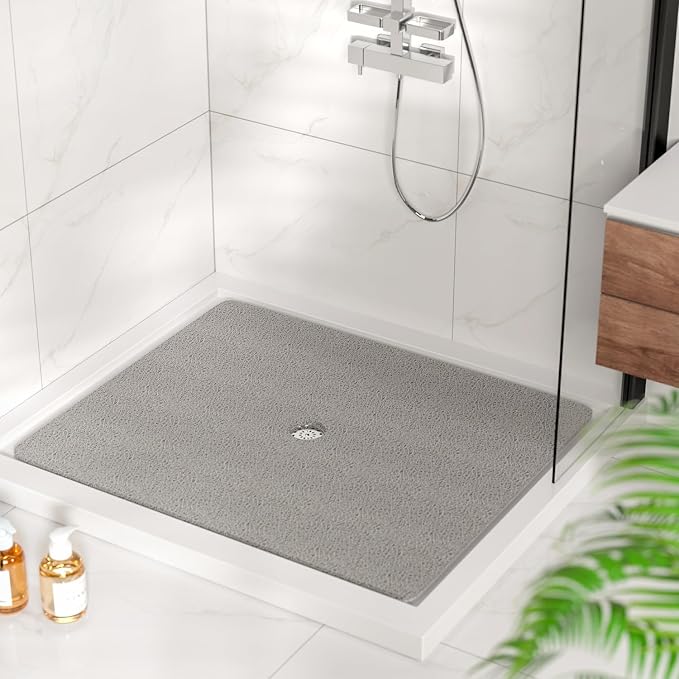 HITSLAM Square Shower Mat, 47 x 40 Inch Non Slip Bath Mat for Tub, Soft PVC Loofah Bathtub Mats with Drain Holes, Quick Drying Bathroom Stall Floor Mat, Bathroom Accessories Without Suction Cup, Grey