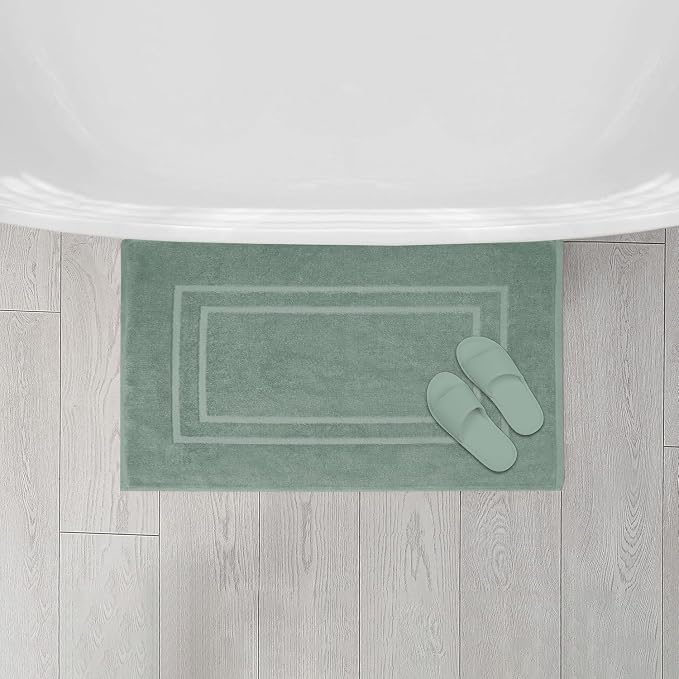 Feather & Stitch 2 Piece Towel Like Bath Mats (30x21 Inch) 100% Cotton Terry Bath Mat, Bathroom Shower Floor Mat [NOT A Bathroom Rug], Soft Absorbent Washable Mats - Granite Green