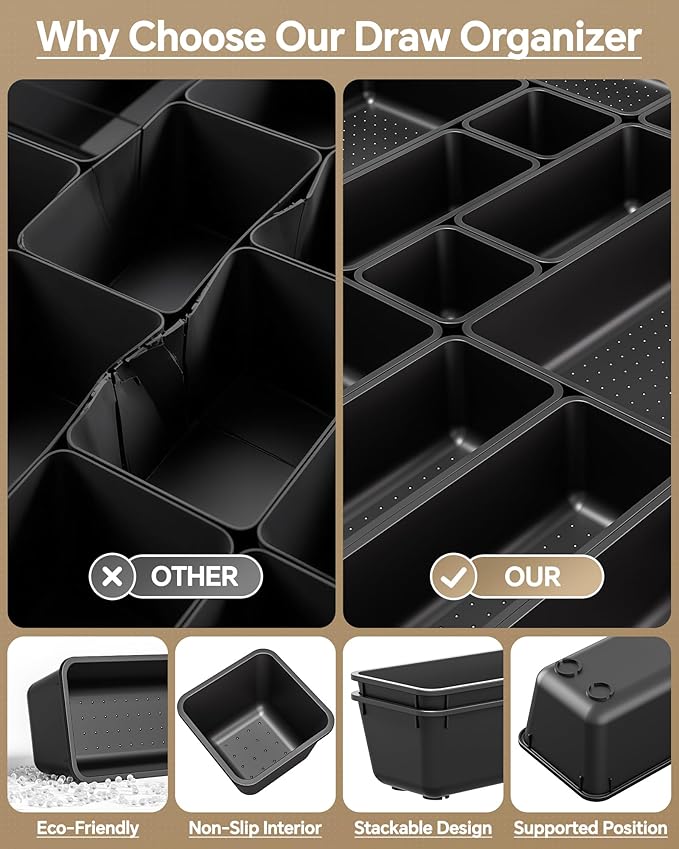 KEMETHY 25 PCS Plastic Drawer Organizers Set, 4 Sizes Vanity Organizer, Makeup and Desk Drawer Organizer Trays, Organization and Storage for Makeup, Bathroom, Kitchen Utensils and Office (Black)