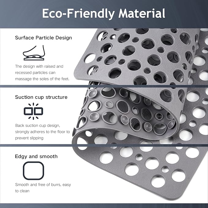 Non Slip Bath Mat for Shower & Bathtub - 30x17 Inch with Strong Suction Cups and Drain Holes, Quick-Dry, Machine Washable Floor Mat for Elderly, Kids & Pets