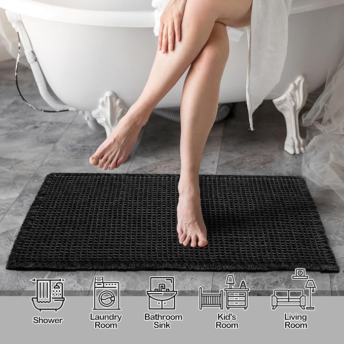 ZALL Waffle Bath Mat Black Super Absorbent Non Slip Bathroom Rug,Rhombus Geometric 24x48inch,Machine Washable Ultra Soft Floor Mats