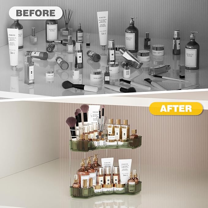 Asayuee 2-Tier Corner Bathroom Counter Organizer with Top Toothbrush Holders,Large Makeup Organizer Countertop with Brush Holder,Skincare Organizers Corner,Exquisite Vanity Organizer(Green, 2 Tier)