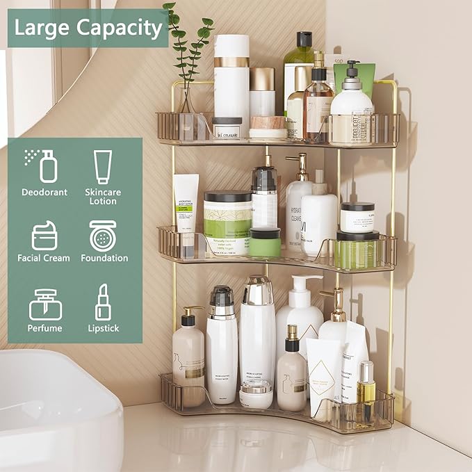 Webetop Countertop Bathroom Organizer 3 Tier Corner Organizer for Bathroom Counter Storage Makeup Organizer Shelf for Skincare, Cosmetic, Dresser, Toiletries Amber