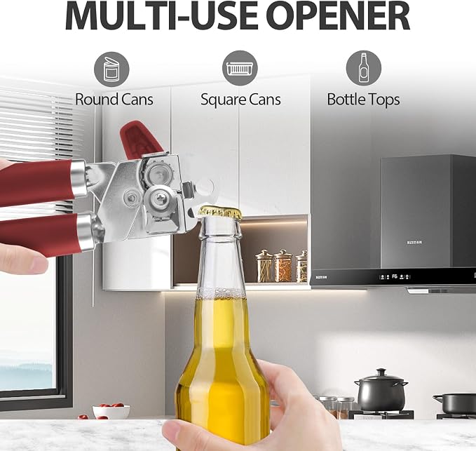 Safring Can Opener Manual, Heavy Duty Handheld Strong Can Opener with Soft Touch Handle, Sharp Blade Smooth Edge, Can Openers with Multifunctional Bottle Opener, Red