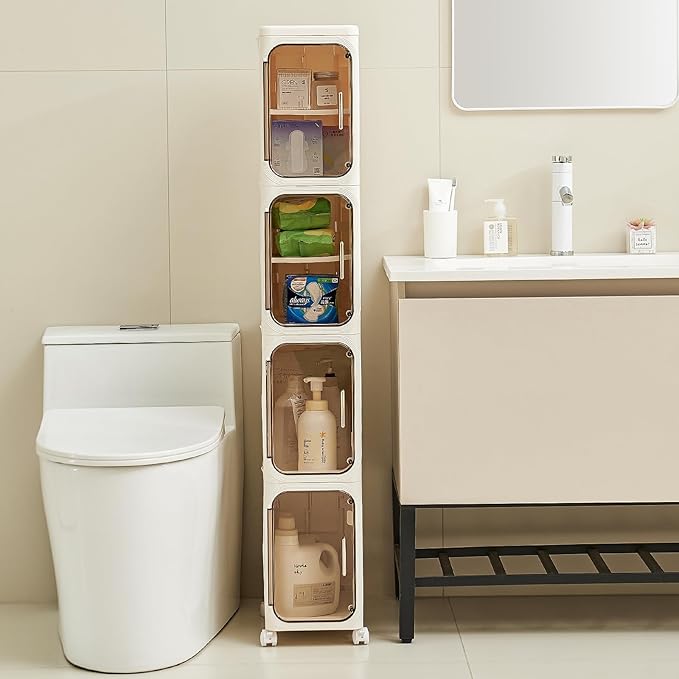 UFORU 4-Tier Tall Narrow Storage Cabinet- Plastic Slim Bathroom Storage Organizer with Magnetic Doors,Adjustable Shelves&Movable Wheels, Foldable Skinny Cabinet for Small Spaces,Kitchen