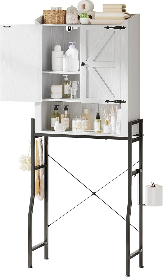 Memobarco Over The Toilet Storage Cabinet, Over Toilet Organizer with 2-Door & Metal Stand, Bathroom Organizers and Storage with Adjustable Shelves for Bathroom, Restroom, Laundry, White