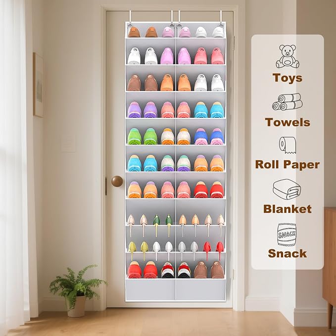 UVIAHOMI 20-30 Pairs Over the Door Shoe Organizer, Clear Pockets Hanging Shoe Storage for Closet, 10-Tier Door Shoes Rack, Handing Shoes Holder Fit All the Family's Sneakers, Boots, Heels, Light Grey