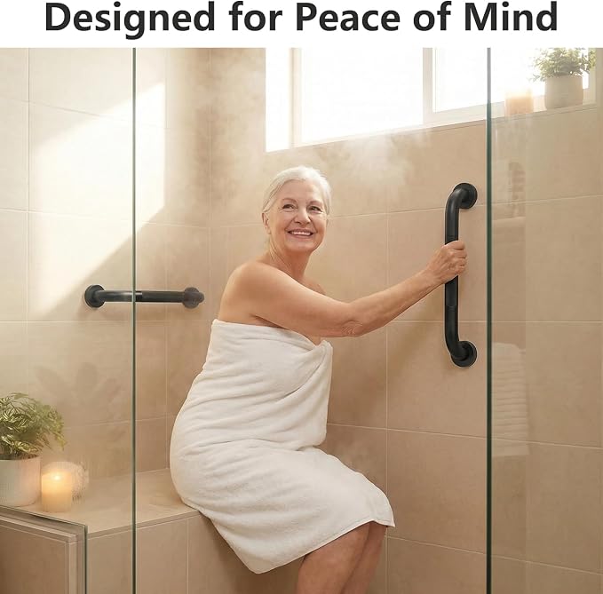 2 Pack Shower Grab Bars for Bathroom 16 Inch Black Stainless Steel Anti-Slip Knurled Grip Home Care Bath Handrail Safety Hand Rail Support for Showers Seniors Elderly Assist Handicap Bath Handle