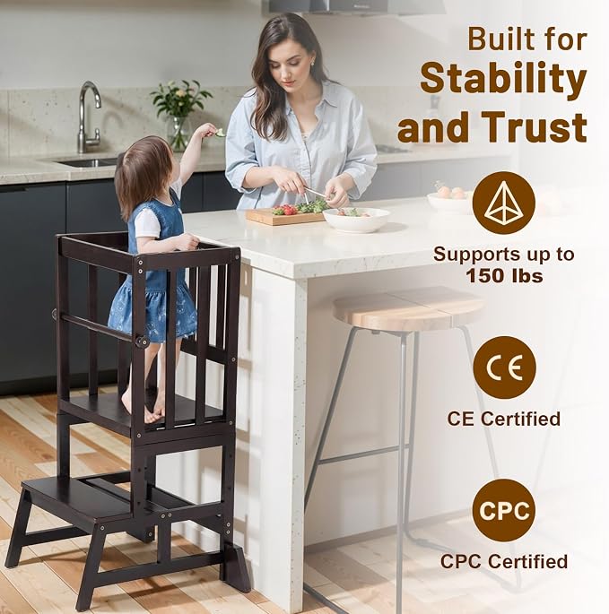 COSYLAND Toddler Standing Tower - Adjustable Height Toddler Kitchen Stool Helper - Kids Kitchen Step Stool for Learning with Removable Safety Railing Black Walnut Color