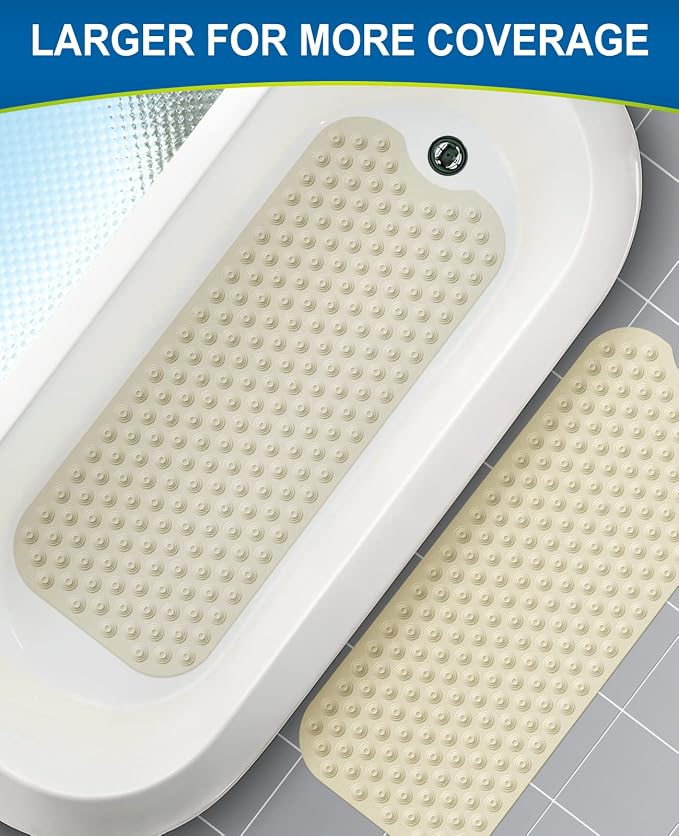 Bligli Bathtub Mat Non-Slip Without Suction Cups, 39x16inch Extra Long Bath Mats for Shower Bathroom, Machine Washable Natural Rubber Shower Tub Mat (39x16inch, Beige)