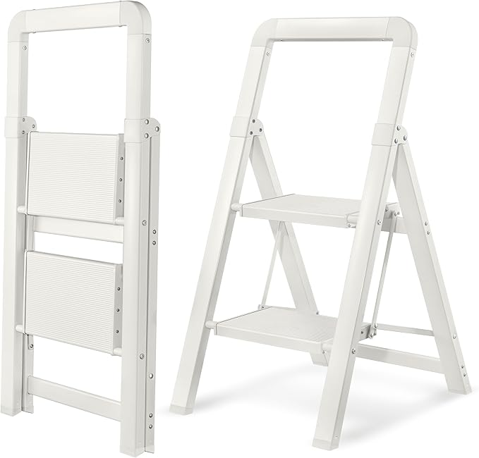 Step Ladder 2-Step White Finish Aluminum Folding Ladders